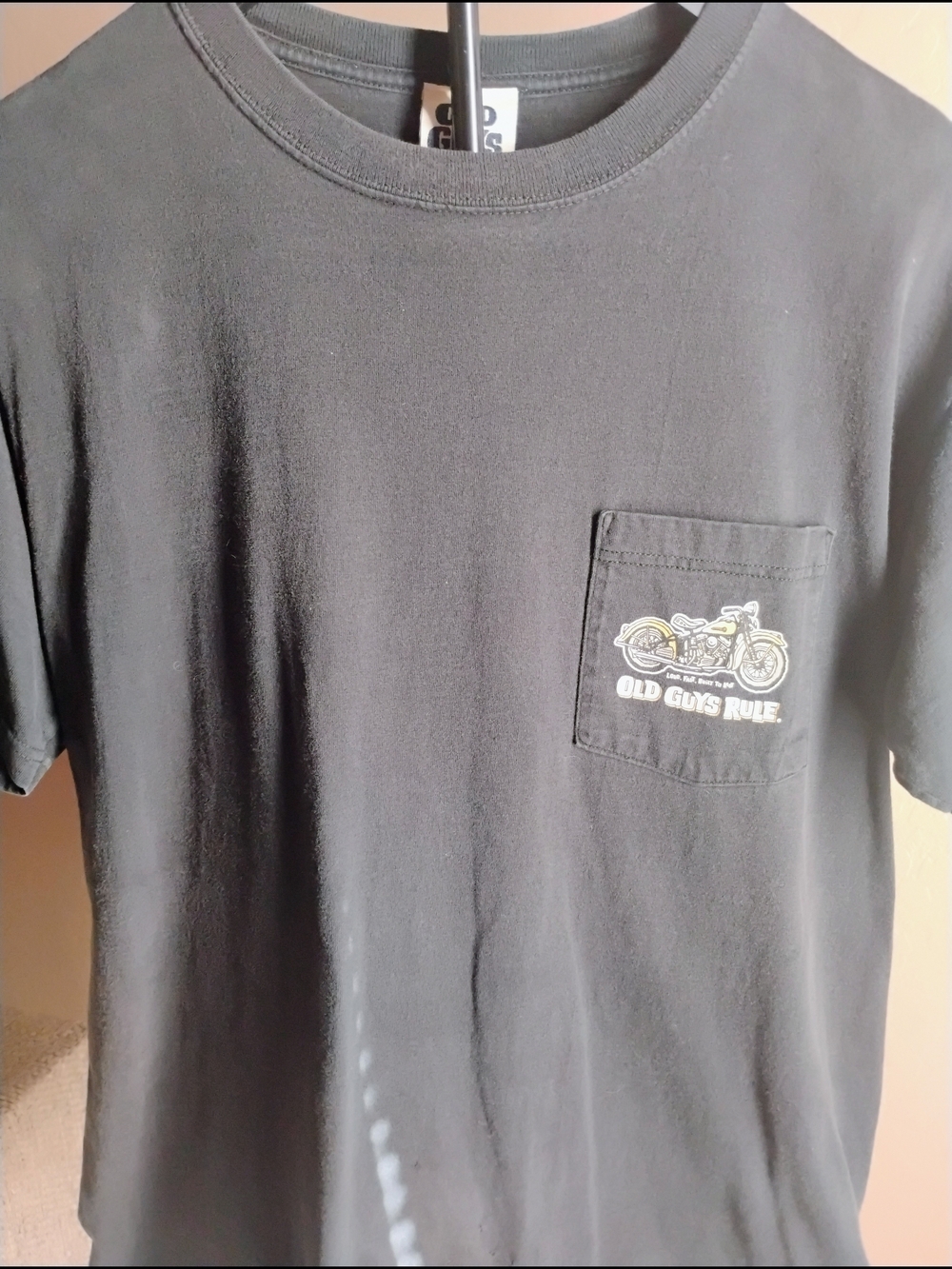 Men's Old Guys Rule Black Size L Pocket Tee with Motorcycle Graphic